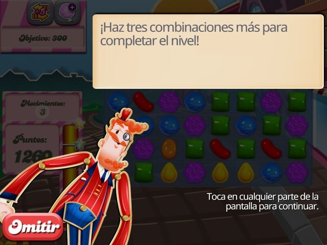 Nivel 1 de candy crush. Es el tutoríal. Tienes que hacer 3 cominaciones más para completar el nivel.